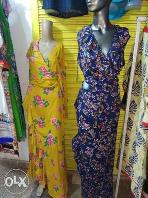 Yellow And Blue Floral Printed Dresses