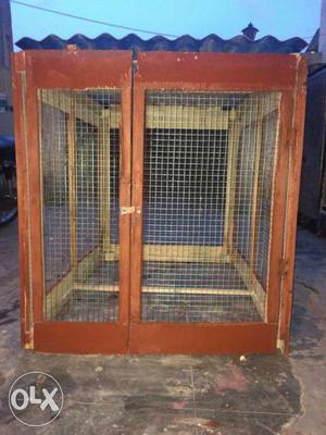 Brown Wooden Framed Metal Wire Pet Cage