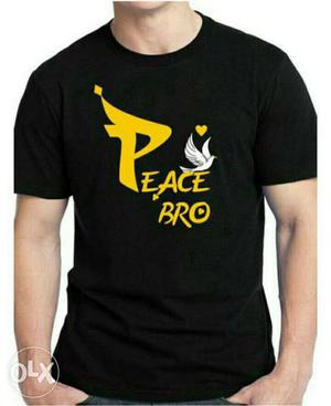 Black, White And Yellow Peace Bro Text Crew Neck Shirt