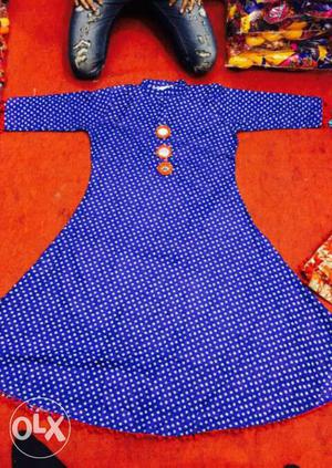 Blue And White Polka-dot Print Quarter-sleeve Dress