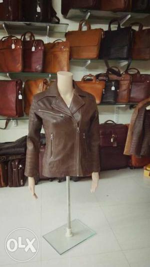Brown Leather Full-zipped Jacket, all sizes available.
