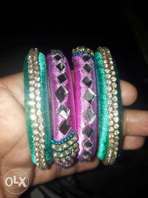 Four Pink And Green Silk Thread Bangles
