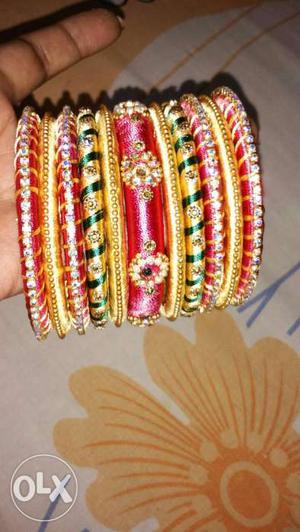 Gold, green&pink Silk Tread Bangles