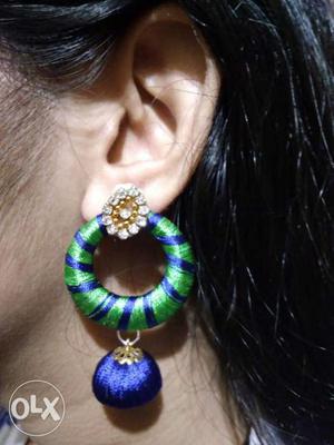 Green And Blue Silk-thread Jhumka Earrings