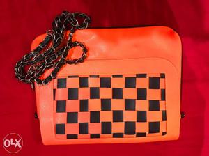 Orange And Black Checked Leather Crossbody Bag