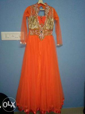 Orange And Brown Floral Anarkali Traditional Dress