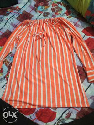 Orange And White Striped Off-shoulder Long-sleeve Blouse