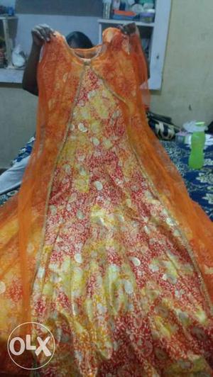 Orange Floral Scoop-neck Traditional Dress