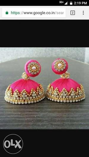 Pair Of Pink-and-gold Beaded Jhumka Earring