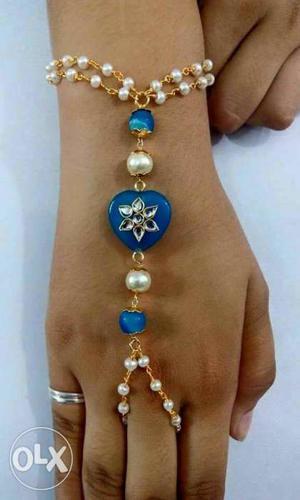 Pearl And Blue Gemstone Embellished Ring Bracelet