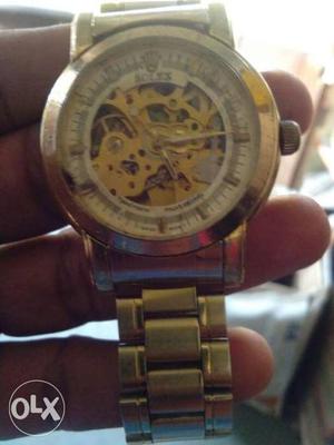 Round Gold Skeleton Watch With Chain Link Bracelet
