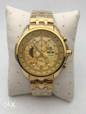 Round Gold-colored Casio Edifice Watch With Link Bracelet