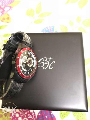 Round Red CJC Chronograph Watch With Black Link Bracelet And
