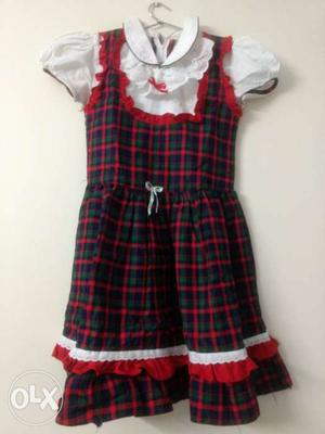 Toddler's Red, Black, And White Plaid Cap-sleeved Dress
