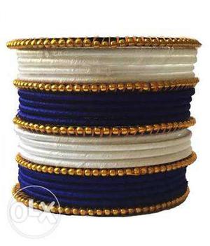 White, Gold-colored And Blue Silk Bangle Bracelet
