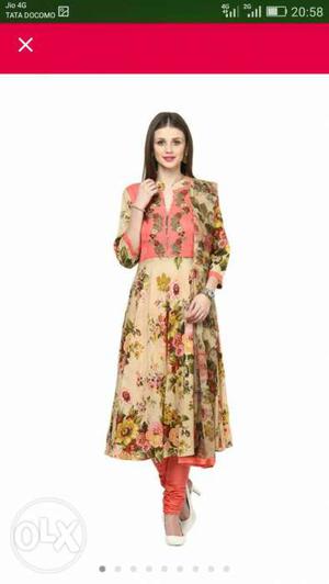 Women's Beige-and-red Floral Churidar Kameez Traditional