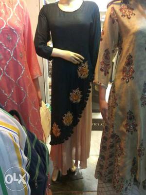 Women's Black And Beige Floral Abaya Dress