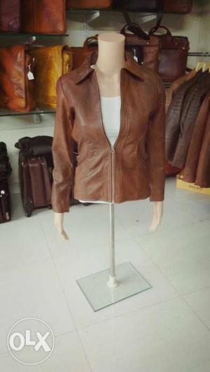 Women's Brown Leather Full-zip Jacket, all sizes available
