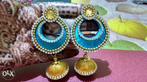 Yellow and Blue Silk Thread Ear Ring with Jhumki