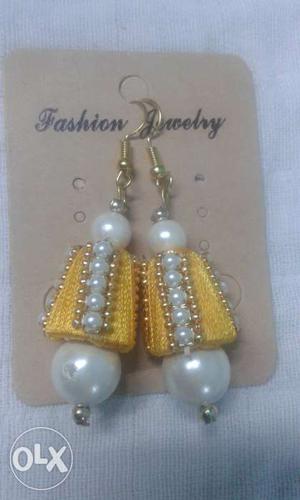 Yellow pearl silk thread earring