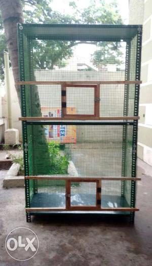 Brown Wooden Framed Green Mesh Pet Crate