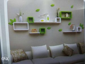 Green And White Wooden Wall Mounted Shelves