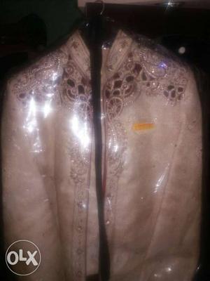 Beige And White Floral Sherwani Traditional Dress