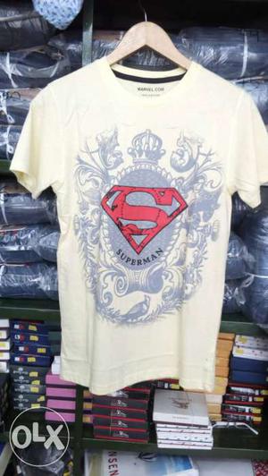Beige Superman Print Crew-neck Shirt