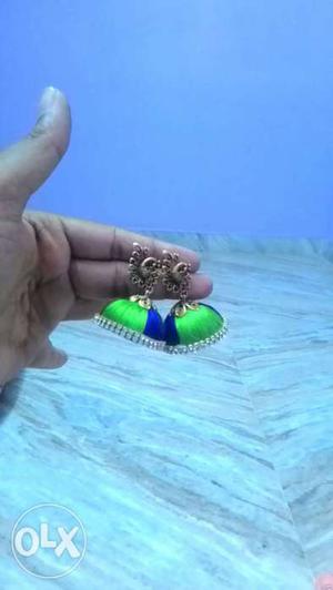 Blue-and-green Jhumka Silk Thread Bangles