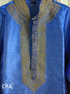 Blue colored Men's Long Kurta with embroidery for Diwalk