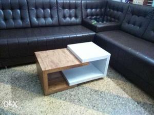 Brown And White Wooden Coffee Table And Black Leather