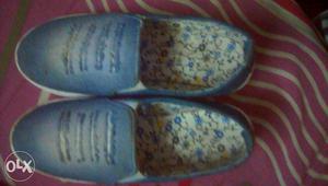 Pair Of Blue Floral Slip-on Shoes