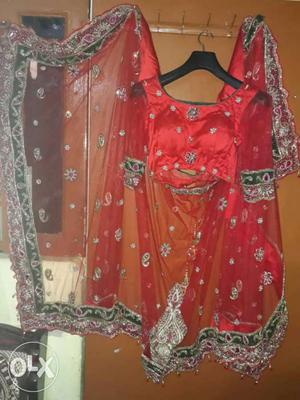 Red And White Floral Satin Traditional Dress