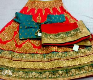 Red, Blue And Brown Floral 2-piece Dress With Dupatta