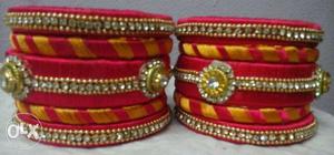 Red-and-diamond Pleated Thread Bangles
