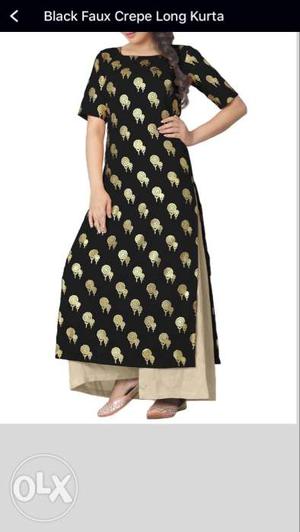 Women's Beige And Black Kurta Traditional Dress all things