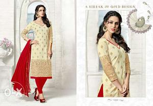 Women's Beige And Red Anarkali Traditional Dress
