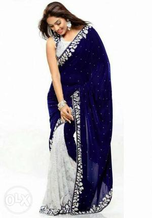 Women's Blue And Gray Sari