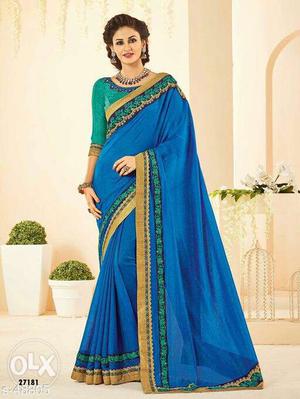 Women's Blue And Green Floral Sari Asian Traditional Dress