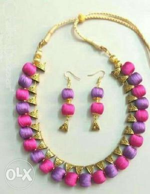 Women's Purple, Pink And Gold Beaded Necklace And Earrings