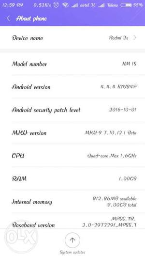 Redmi 1s Android version KitKat 2mp front and 8mp