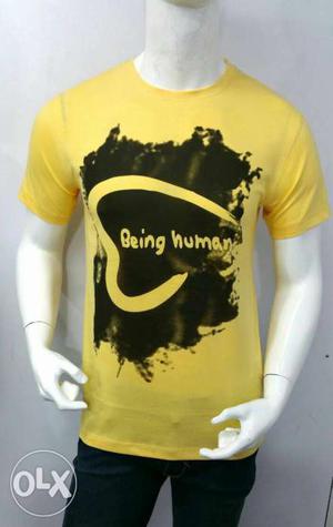 Yellow And Black Being Human Print Crew-neck Shirt