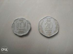 Two Silver-color 10 And 20 Indian Coins