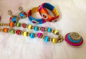 Multi-colored Silk Thread Necklace, Earrings, And Bangles