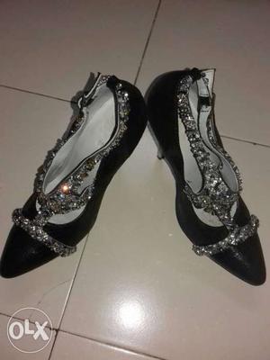 Pair Of Black-and-gray Embellished Pumps