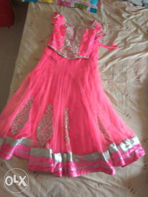 Pink And Silver-colored Choli And Lengeha Traditional Dress