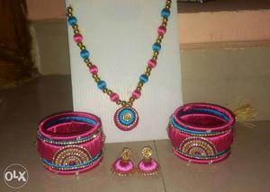 Pink-and-blue Pair Of jumka Earrings, Two Thread Bangles,