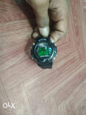 Round Black Digital Watch With Black Rubber Bracelet