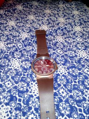 Round Red Chronograph Watch With Brown Leather Band