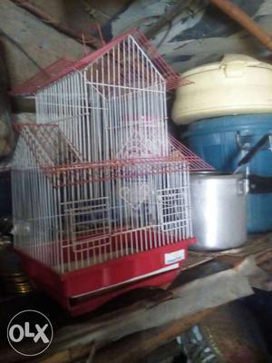 White And Red Metal Wired Bird Cage